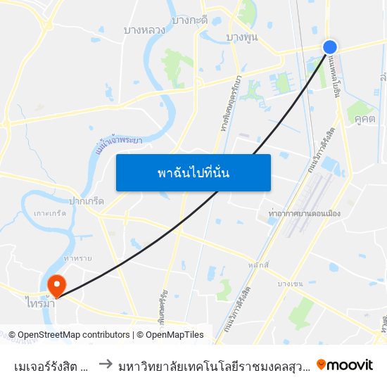 เมเจอร์รังสิต Major Rangsit to มหาวิทยาลัยเทคโนโลยีราชมงคลสุวรรณภูมิ ศูนย์นนทบุรี เขตเหนือ map