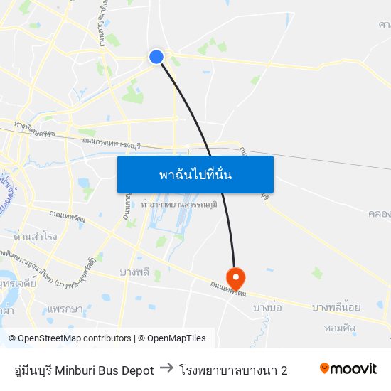 อู่มีนบุรี Minburi Bus Depot to โรงพยาบาลบางนา 2 map