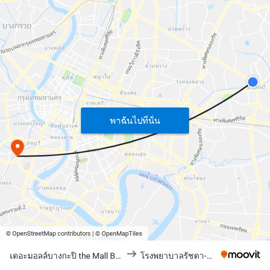 เดอะมอลล์บางกะปิ the Mall Bangkapi to โรงพยาบาลรัชดา-ท่าพระ map