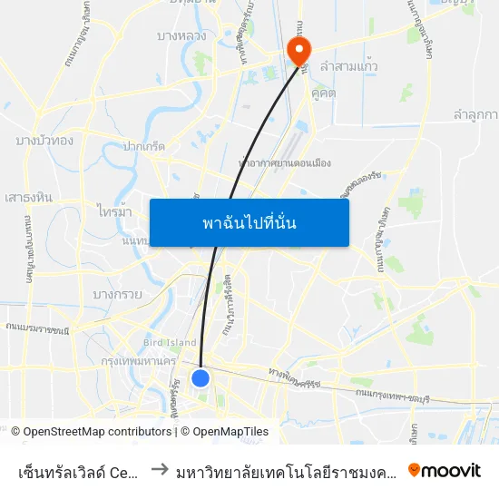 เซ็นทรัลเวิลด์ Central World to มหาวิทยาลัยเทคโนโลยีราชมงคลธัญบุรี ศูนย์รังสิต map