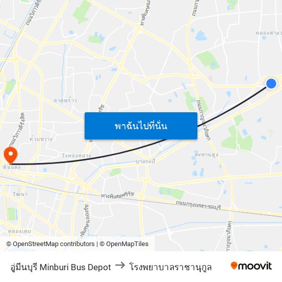 อู่มีนบุรี Minburi Bus Depot to โรงพยาบาลราชานุกูล map