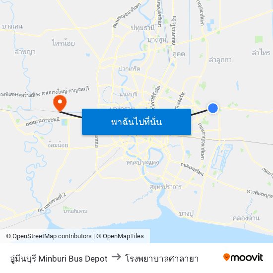 อู่มีนบุรี Minburi Bus Depot to โรงพยาบาลศาลายา map