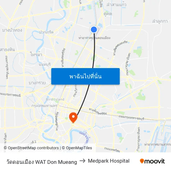 วัดดอนเมือง WAT Don Mueang to Medpark Hospital map