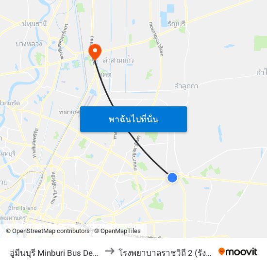 อู่มีนบุรี Minburi Bus Depot to โรงพยาบาลราชวิถี 2 (รังสิต) map