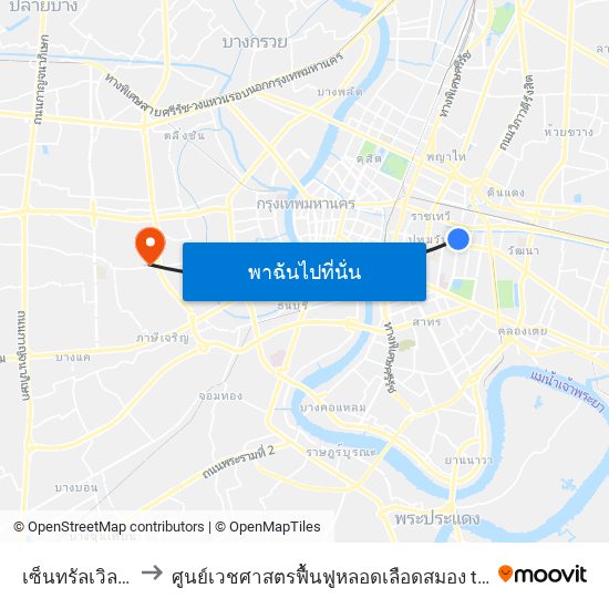 เซ็นทรัลเวิลด์ Central World to ศูนย์เวชศาสตรฟื้นฟูหลอดเลือดสมอง the Senizens Stroke Rehab Center คืออะไร map