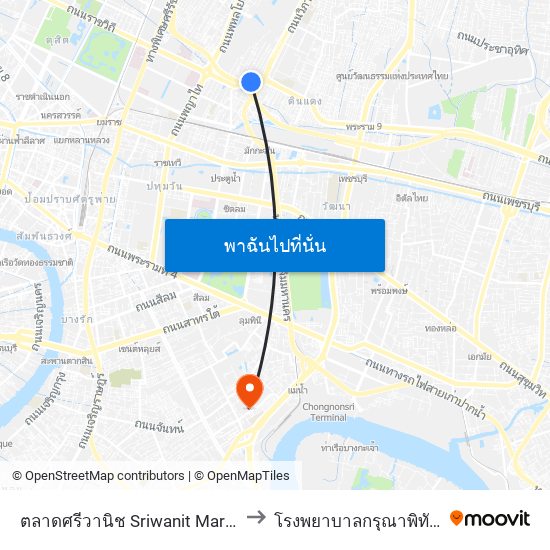 ตลาดศรีวานิช Sriwanit Market to โรงพยาบาลกรุณาพิทักษ์ map