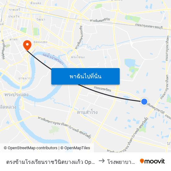 ตรงข้ามโรงเรียนราชวินิตบางแก้ว Opposite Ratwinit Bangkaeo School to โรงพยาบาลกรุณาพิทักษ์ map