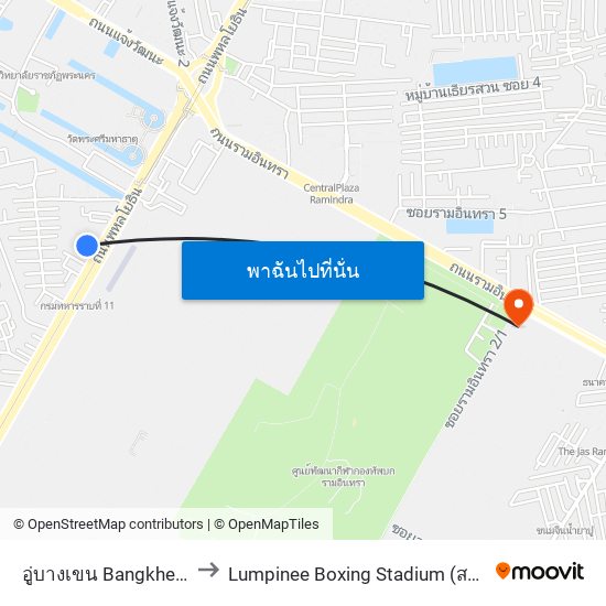 อู่บางเขน Bangkhen Bus Depot to Lumpinee Boxing Stadium (สนามมวยเวทีลุมพินี) map