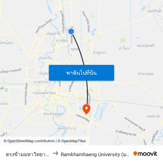 ตรงข้ามมหาวิทยาลัยกรุงเทพรังสิต to Ramkhamhaeng University (มหาวิทยาลัยรามคำแหง) map