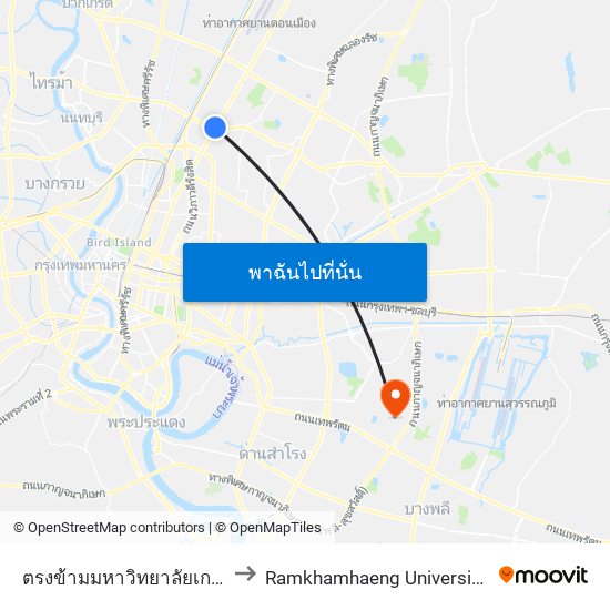 ตรงข้ามมหาวิทยาลัยเกษตรศาสตร์(ฝั่งพหลโยธิน) to Ramkhamhaeng University (มหาวิทยาลัยรามคำแหง) map