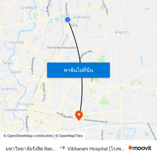 มหาวิทยาลัยรังสิต Rangsit University to Vibharam Hospital (โรงพยาบาลวิภาราม) map