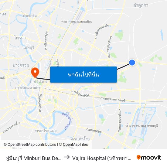 อู่มีนบุรี Minburi Bus Depot to Vajira Hospital (วชิรพยาบาล) map