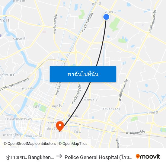 อู่บางเขน Bangkhen Bus Depot to Police General Hospital (โรงพยาบาลตำรวจ) map