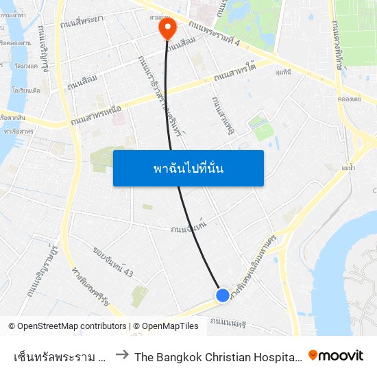 เซ็นทรัลพระราม 3 Central Rama 3 to The Bangkok Christian Hospital (โรงพยาบาลกรุงเทพคริสเต map