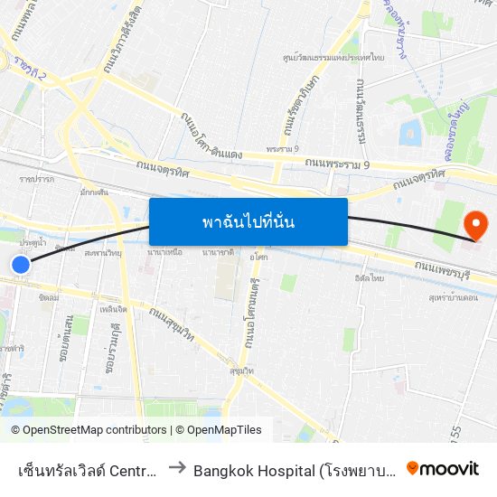 เซ็นทรัลเวิลด์ Central World to Bangkok Hospital (โรงพยาบาลกรุงเทพ) map