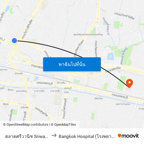 ตลาดศรีวานิช Sriwanit Market to Bangkok Hospital (โรงพยาบาลกรุงเทพ) map