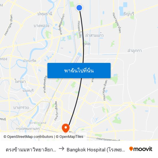 ตรงข้ามมหาวิทยาลัยกรุงเทพรังสิต to Bangkok Hospital (โรงพยาบาลกรุงเทพ) map