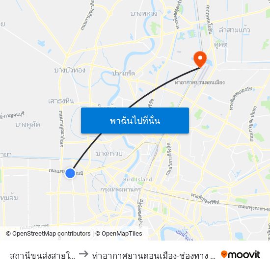 สถานีขนส่งสายใต้ใหม่(ตลิ่งชัน) to ท่าอากาศยานดอนเมือง-ช่องทาง 3 ถนนวิภาวดีรังสิต ขาออก map