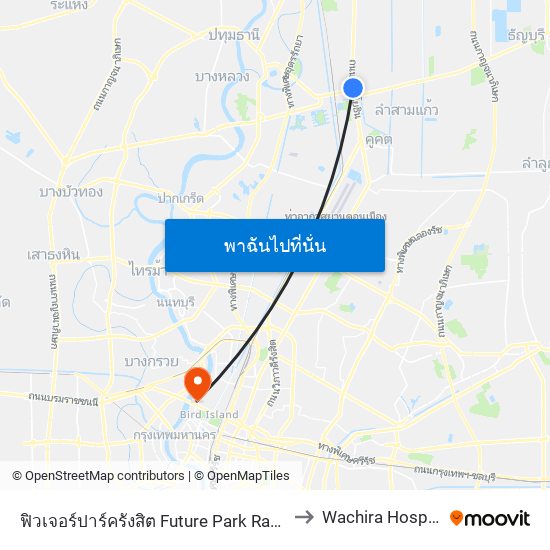 ฟิวเจอร์ปาร์ครังสิต Future Park Rangsit to Wachira Hospital map