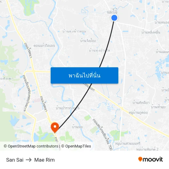 San Sai to Mae Rim map