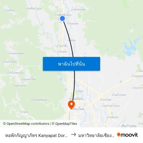 หอพักกัญญาภัทร Kanyapat Dormitory to มหาวิทยาลัยเชียงใหม่ map