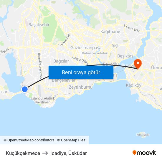 Küçükçekmece to İcadiye, Üsküdar map