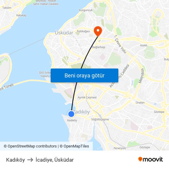 Kadıköy to İcadiye, Üsküdar map