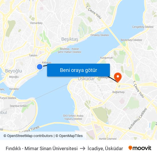 Fındıklı - Mimar Sinan Üniversitesi to İcadiye, Üsküdar map