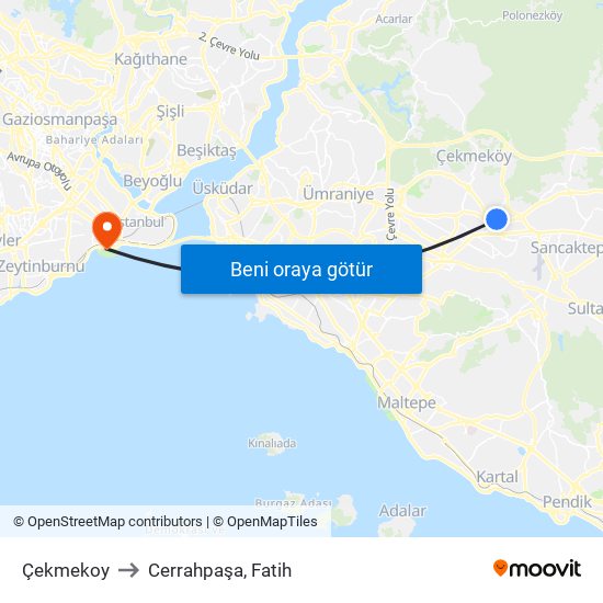Çekmekoy to Cerrahpaşa, Fatih map