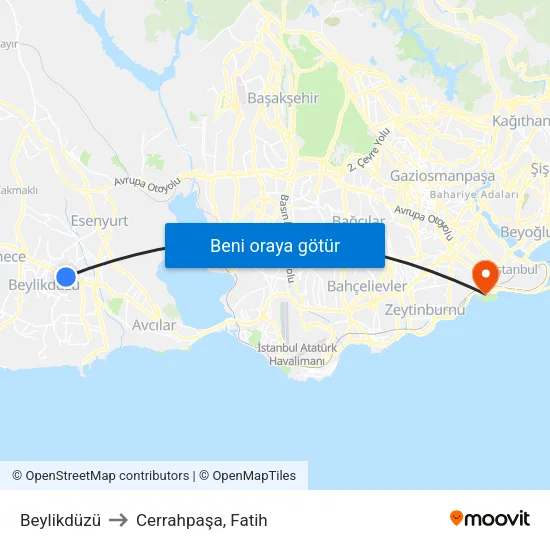 Beylikdüzü to Cerrahpaşa, Fatih map