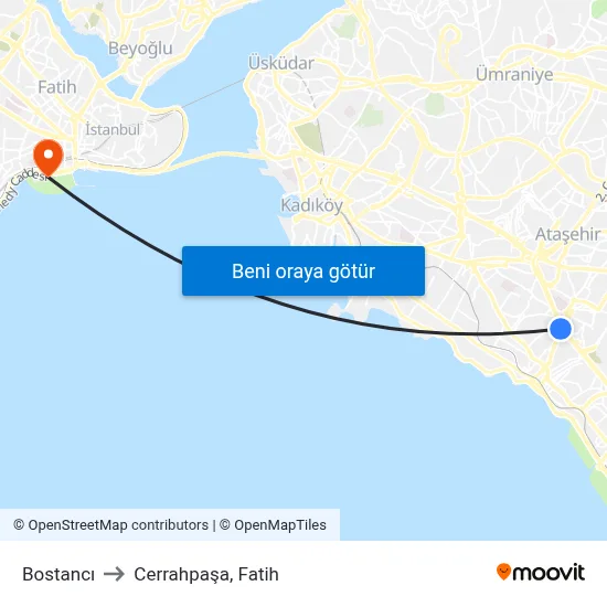 Bostancı to Cerrahpaşa, Fatih map