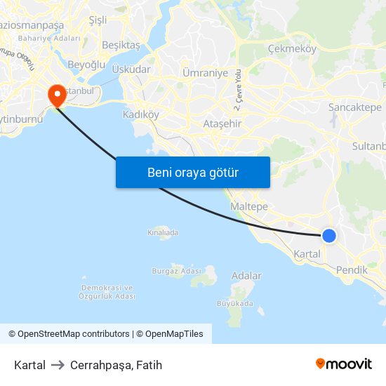 Kartal to Cerrahpaşa, Fatih map