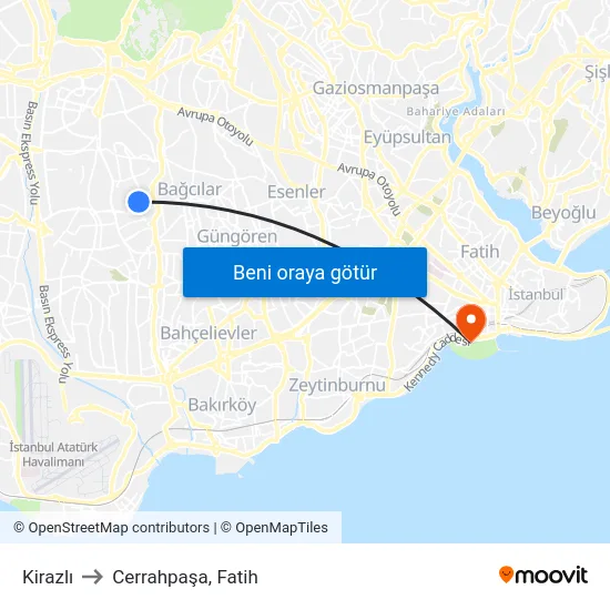 Kirazlı to Cerrahpaşa, Fatih map
