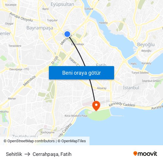 Sehitlik to Cerrahpaşa, Fatih map