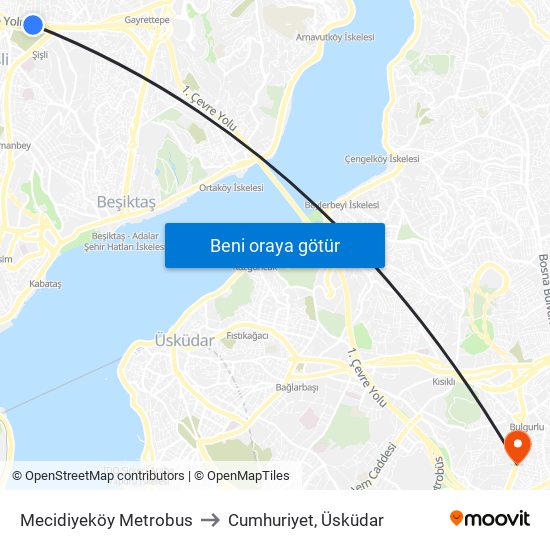 Mecidiyeköy Metrobus to Cumhuriyet, Üsküdar map