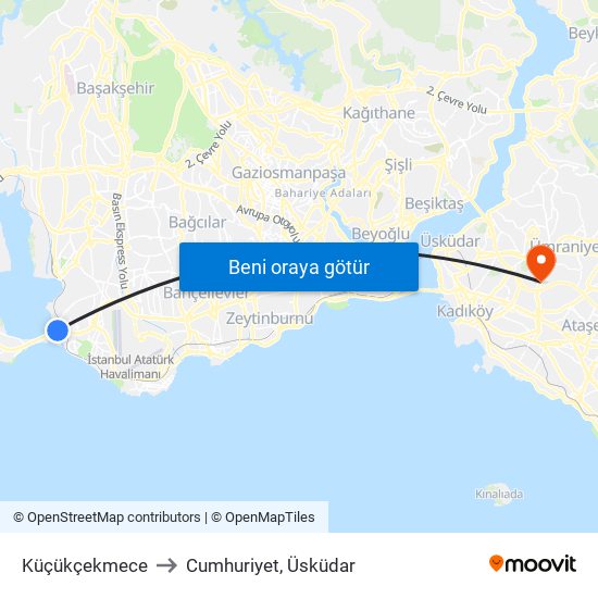 Küçükçekmece to Cumhuriyet, Üsküdar map