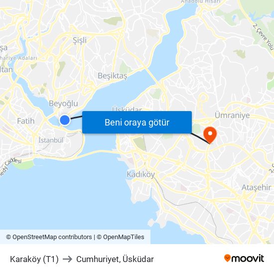 Karaköy (T1) to Cumhuriyet, Üsküdar map