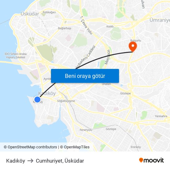 Kadıköy to Cumhuriyet, Üsküdar map