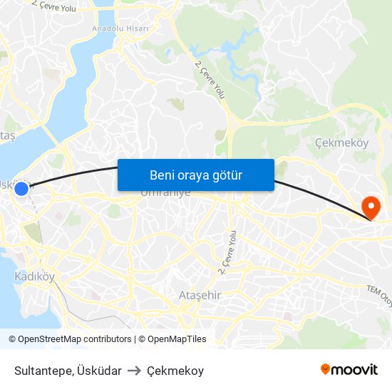 Sultantepe, Üsküdar to Çekmekoy map