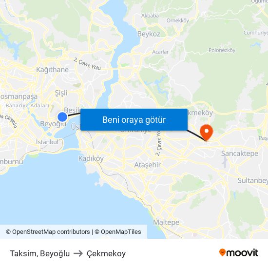 Taksim, Beyoğlu to Çekmekoy map