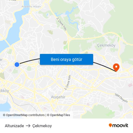 Altunizade to Çekmekoy map