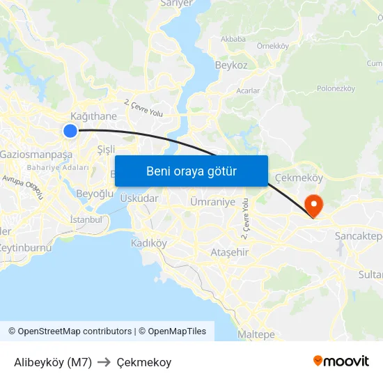 Alibeyköy (M7) to Çekmekoy map