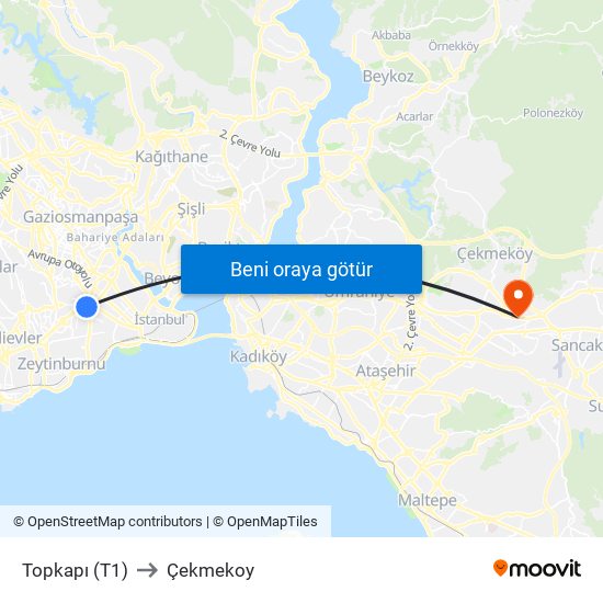 Topkapı (T1) to Çekmekoy map