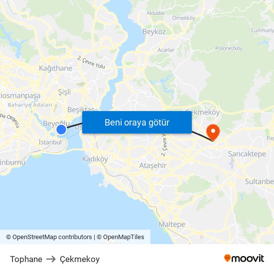 Tophane to Çekmekoy map