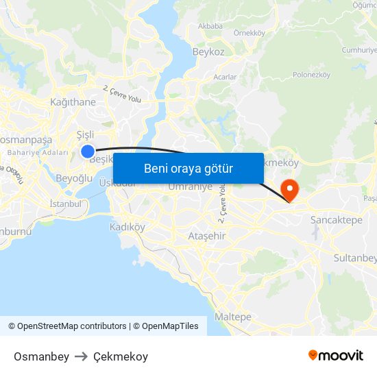 Osmanbey to Çekmekoy map