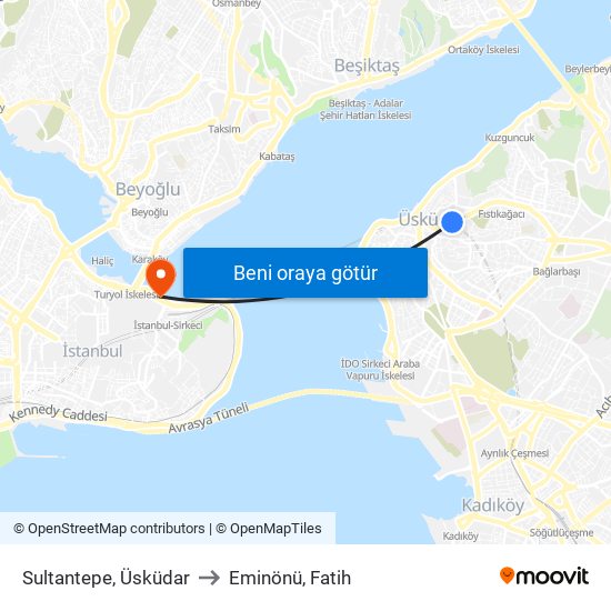 Sultantepe, Üsküdar to Eminönü, Fatih map