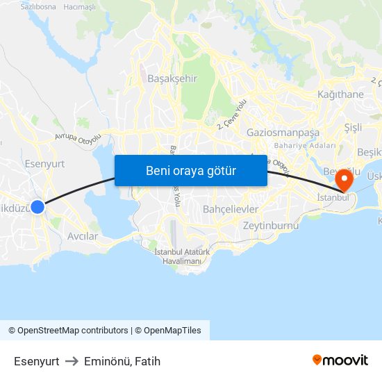 Esenyurt to Eminönü, Fatih map