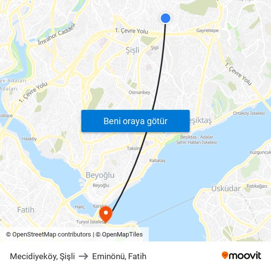 Mecidiyeköy, Şişli to Eminönü, Fatih map