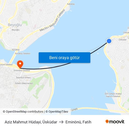 Aziz Mahmut Hüdayi, Üsküdar to Eminönü, Fatih map