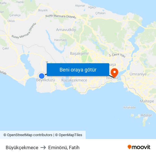 Büyükçekmece to Eminönü, Fatih map